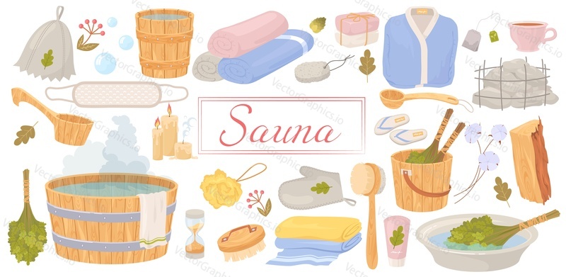 Sauna hygiene accessories, bath tools and equipment set. Vector illustration of bucket, bath broom, wooden bench, robe, washcloth, firewood. SPA center or bathhouse advertisement