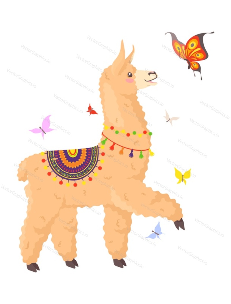Lamas alpacas charakter a motýl ploché vektorové ilustrace. Roztomilý farma dítě zvíře na sobě tradiční oblečení chůze izolovaných na bílém pozadí