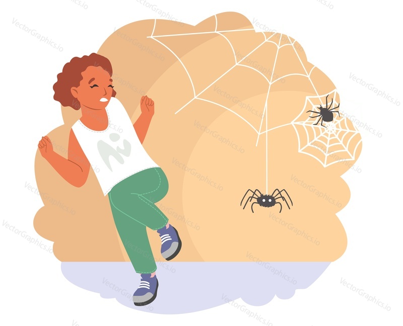 Child fears vector. Little girl screaming and shouting scared of spiders illustration. Kid suffering from arachnophobia. Frightened children