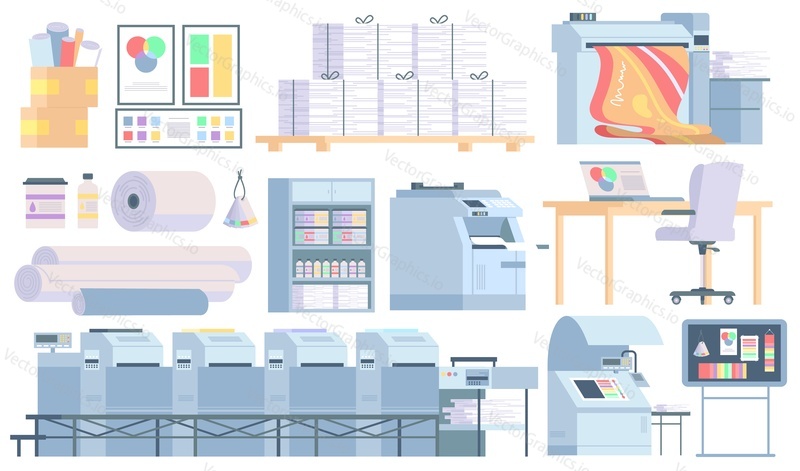 Polygraphy equipment isolated set for publishing industry and production. Digital, offset devices and machines set for print, color proof, paper cut and laminate vector illustration