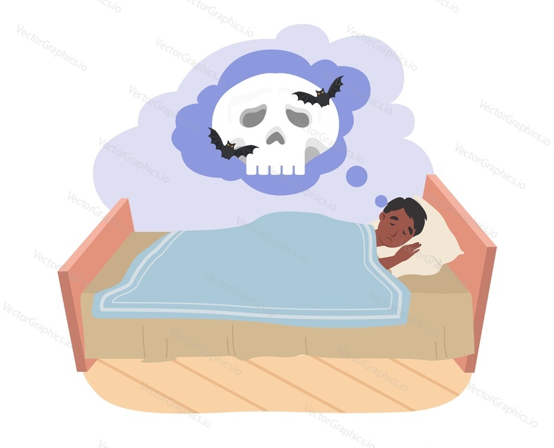 Dítě se bojí vektoru. Malý chlapec spí a má noční můru, zatímco leží na posteli pod dekou ilustrace. Špatné noční sny, fobie a dětská představivost