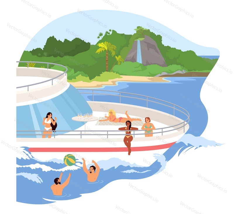 Skupina turistů se těší jachta plavba v blízkosti tropické přímořské vektorové ilustrace. Šťastní mladí lidé, přátelé tým baví, plavání, opalování při odpočinku během letních prázdnin