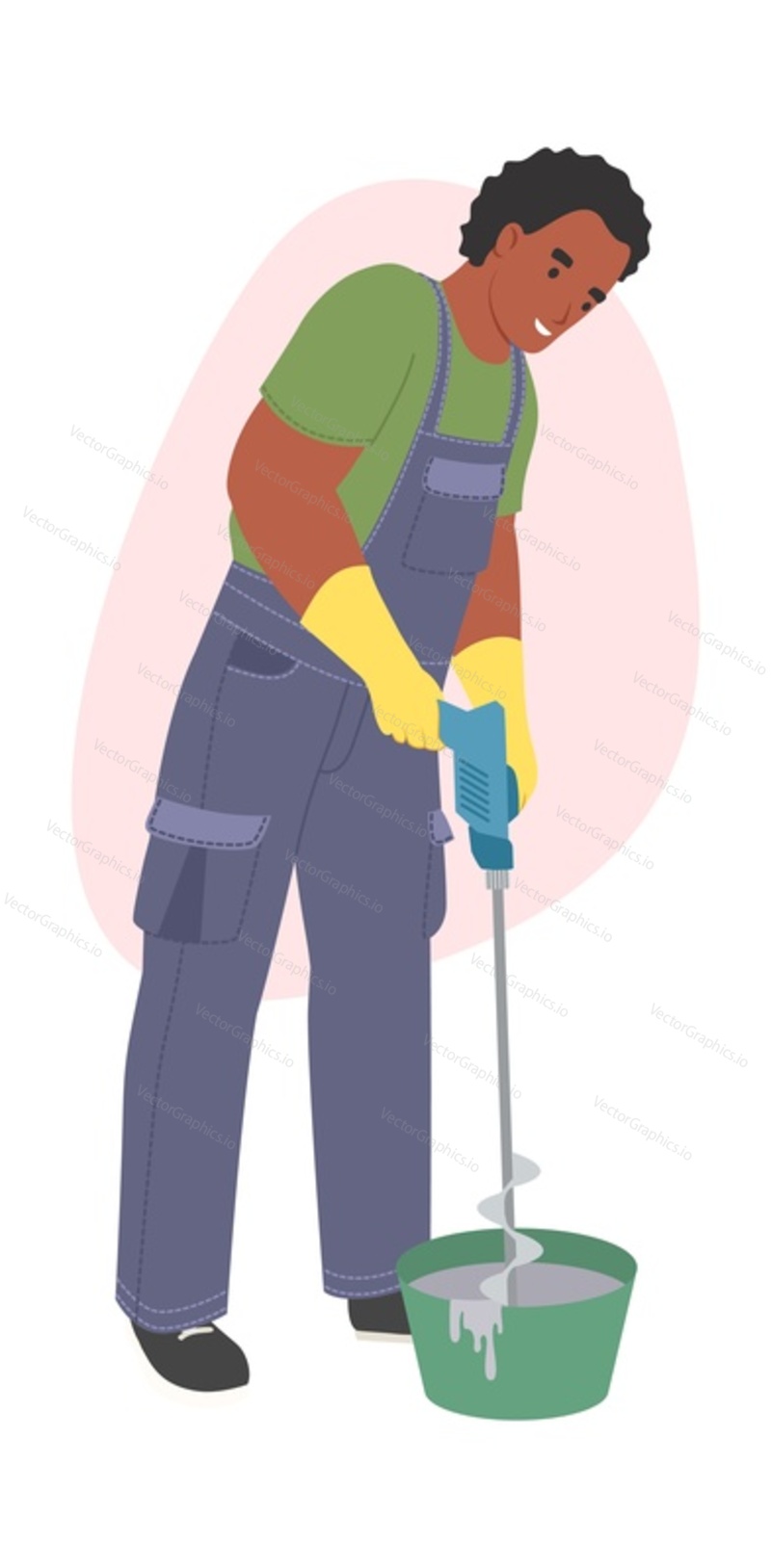 Workman builder in uniform mixing cement vector illustration isolated on white background. Construction worker using mixer to make tile mix. Tiling master at work concept