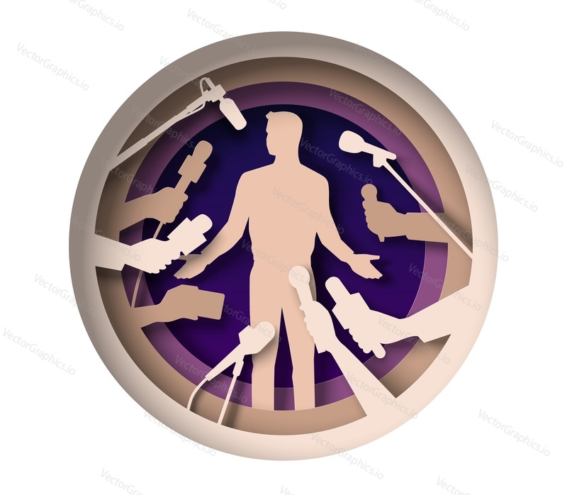 Man giving interview vector icon. Male celebrity character performing on television paper cut illustration. News report presentation broadcasting, professional journalism, politics