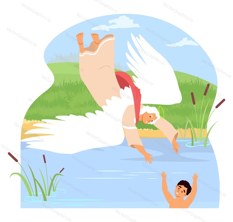 Anděl strážný zachraňuje dítě topící se v jezeře nebo řece vektorové ilustrace. Náboženský ochránce bránící dítě před nehodami v divoké vodě