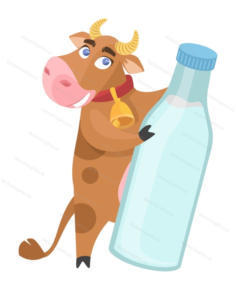 Cute cow animal character holding glass bottle with farm milk flat cartoon vector illustration. Funny mascot advertising fresh natural dairy product