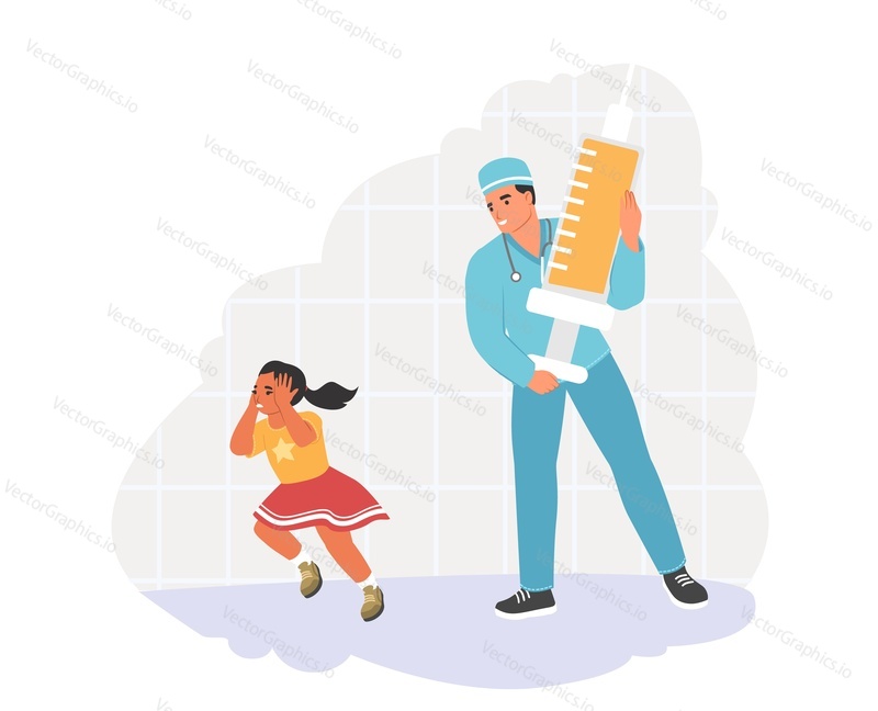 Child fears vector. Little girl running away from doctor scared of big syringe and needle for injection illustration. Children phobia and expression