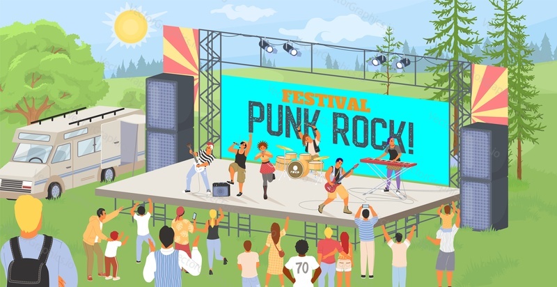 Punk rock festival in urban city park vector illustration. Impressive rockers music band playing musical instrument performing on stage. Noisy crowd audience dancing, applauding, having fun