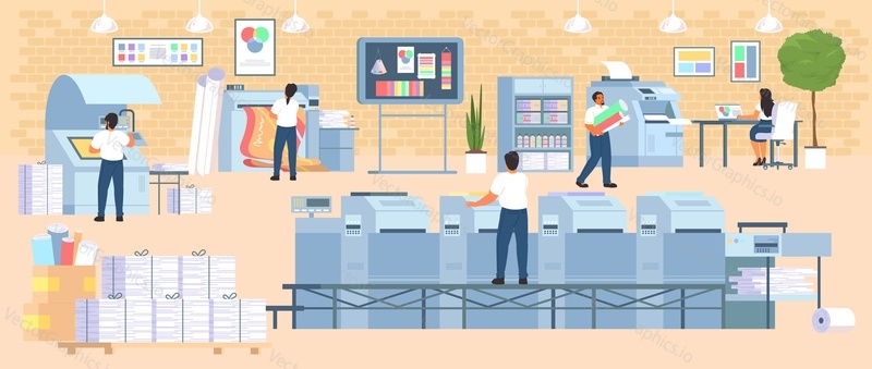 Polygraphy business and industry with various type of printing machine vector illustration. Workers team human characters using modern equipment in publishing company