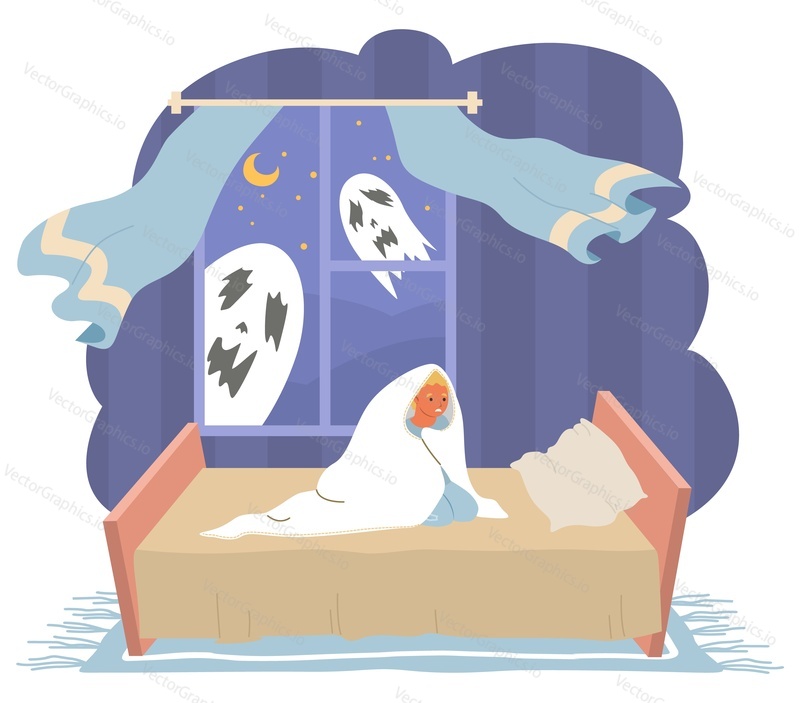 Dítě se bojí vektoru. Malý chlapec se bojí duchů ilustrace. Nespavé dítě sedí na posteli pod dekou trpí nespavostí. Vyděšené děti a strašná noční můra