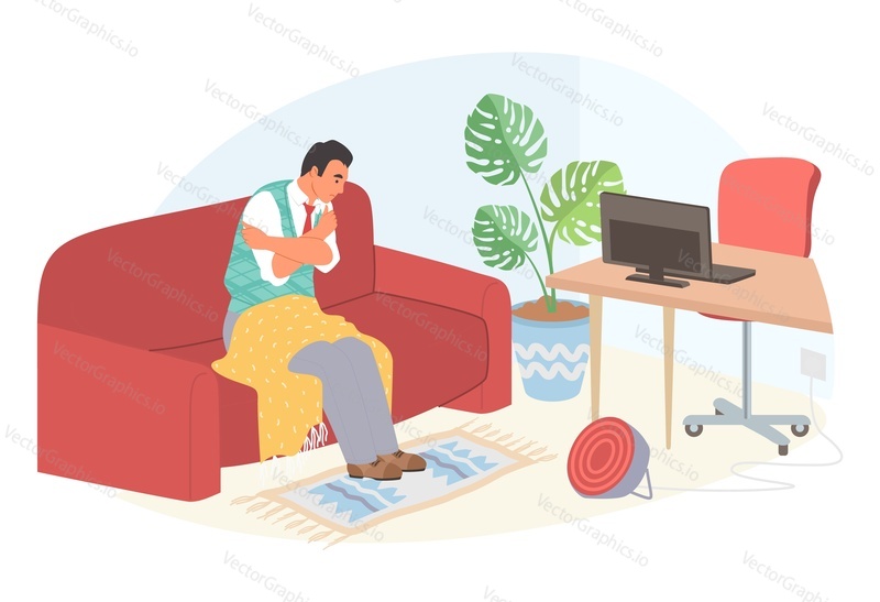 Employee male worker trying to keep warm in unheated office scene. Businessman sitting under blanket on sofa using heater vector illustration. Wrong unhealthy condition at workplace
