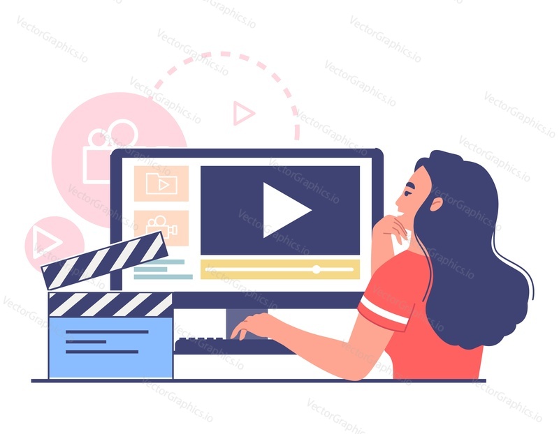 Young woman professional motion designer creating animated video making multimedia content for vlog or social media network on computer at workspace vector illustration