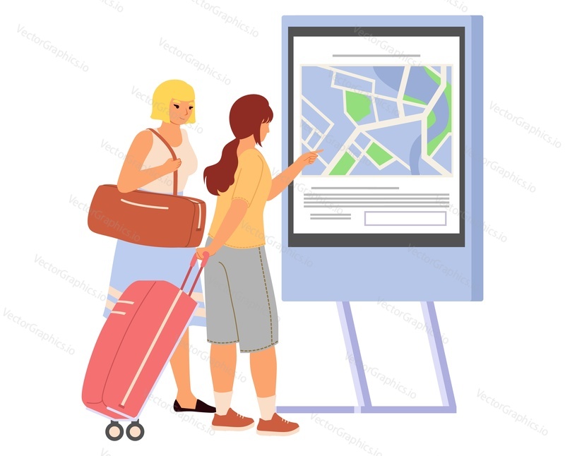 Mladá žena cestovatel s zavazadla taška pomocí interaktivní samoobslužné navigace kiosk vektorové ilustrace izolovaných na bílém pozadí