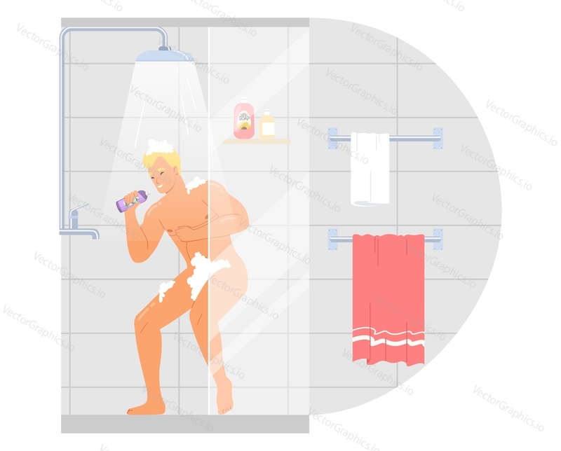 Happy funny young man taking shower in home bathroom singing and having fun vector illustration. Morning routine concept