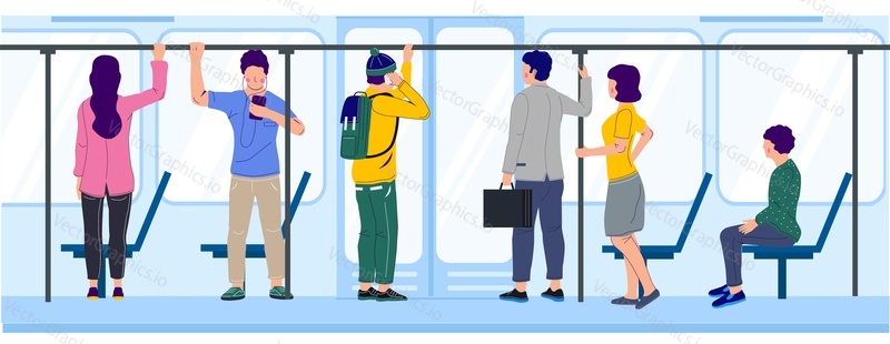 Diverse people sitting and standing going by public city transport flat vector illustration. Crowd of traveling passengers character inside train or metro subway interior