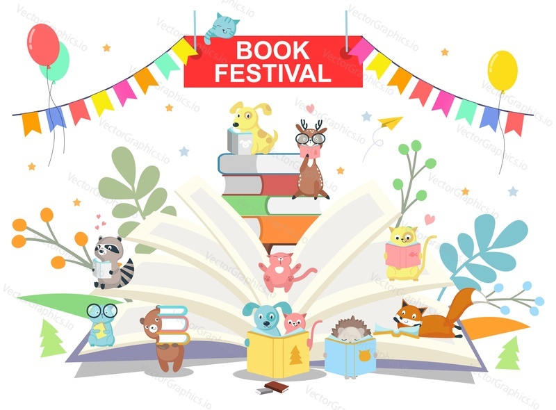 Knižní festival chytré čtení malých zvířat, výběr učebnice, přenášení naskládané literatury nad obrovskou otevřenou knihou vektorové ilustrace. Knihovna, knihkupectví a elektronická služba pro čtenáře inzerát