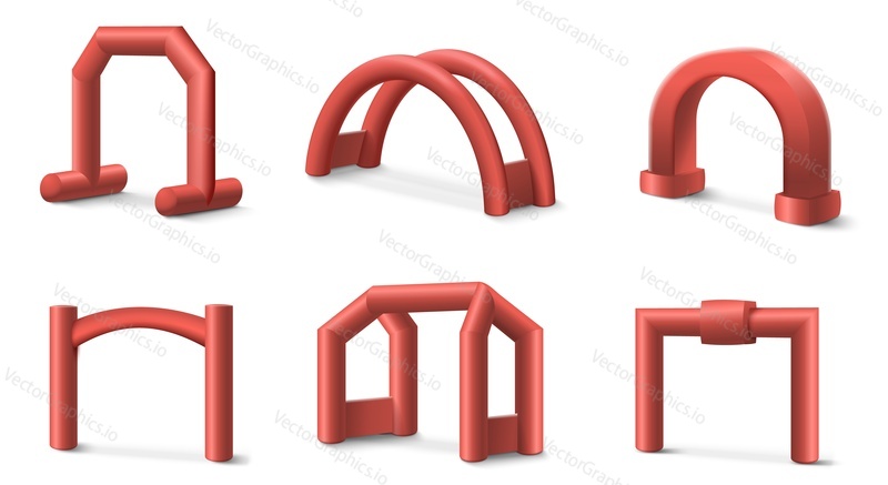 Red inflatable arch vector illustration. Realistic set of balloon tube isolated on white. Sport events, marathon race, running competition or various festive outdoors entertainment vector illustration