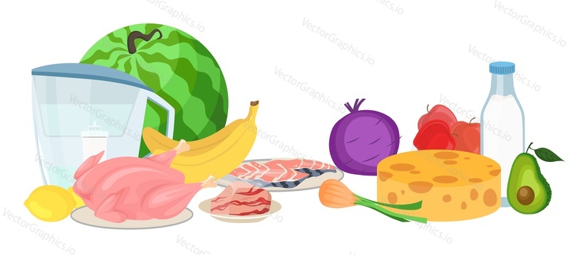 Healthy food product for breakfast, lunch or dinner preparation set. Ripe fresh fruits and vegetables, raw chicken an pork meat, sliced seafood, hard cheese head and filtered water, bottled milk