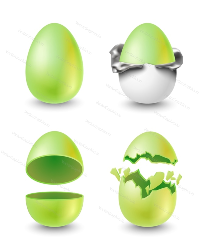 Whole, wrapped, halved, cracked and broken Easter egg set. Colorful eggshell design element vector illustration