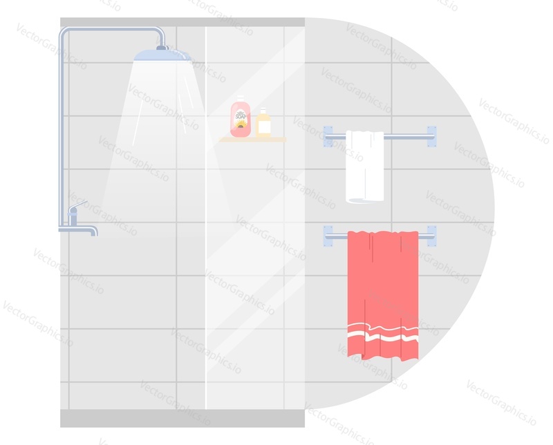 Bathroom cabin furniture home hotel interior with shower and hanged tower vector illustration. Minimalist modern empty restroom