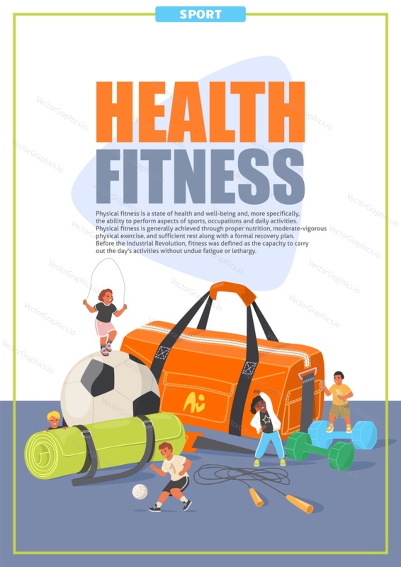 Zdraví Fitness plakát nebo leták šablona s šťastné děti a sportovní doplňky plochý kreslený design. Pozvánka bannerová reklama každodenní zdravotní aktivity pro dospělé a děti