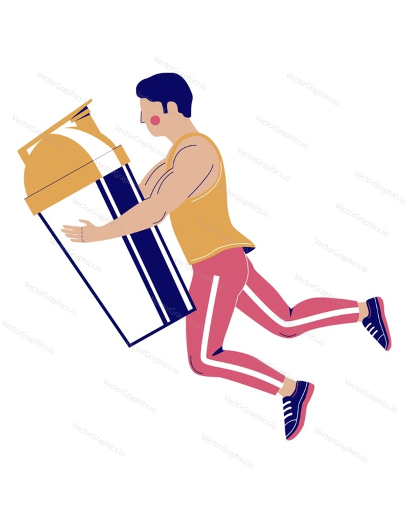 Sportsman character floating with fitness protein cocktail shaker in hand isolated on white background. Sports nutrition and supplement for bodybuilding during training workout and dieting