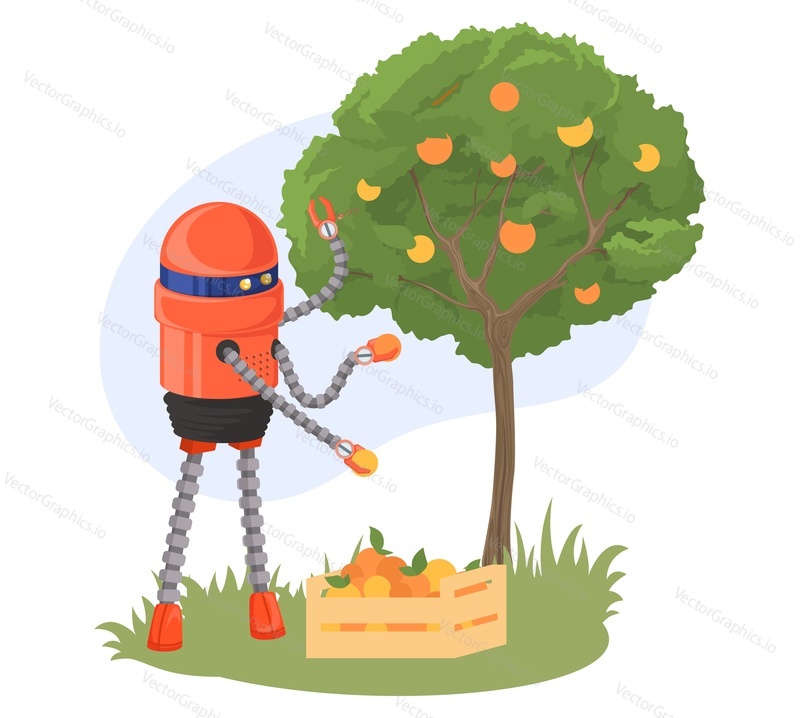 Ai robot agronom sklizeň v zahradě sbírání zralého ovoce ze stromu vektorové ilustrace. Koncept automatizovaného života na farmě, zahradnictví a pěstování plodin