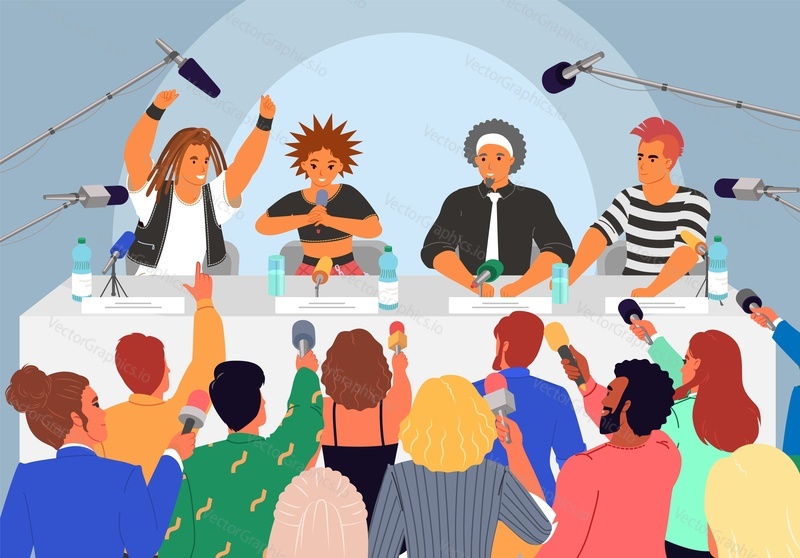 Populární hudba rocková kapela hvězdy dávat tiskové konferenci novinářům drží mikrofony a kladení otázek vektorové ilustrace