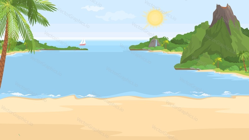 Empty tropical beach at resort vector illustration. Seaside of bay with warm water, sand, palm tree and mountain rock cliff at sunny day