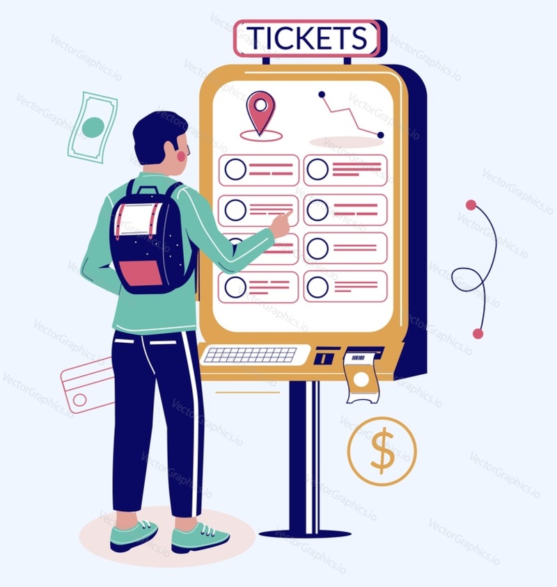 Samoobslužná služba vektorové ilustrace. Cartoon Man character nákup vstupenek pomocí informačního kiosku interaktivní POS terminál bankomat