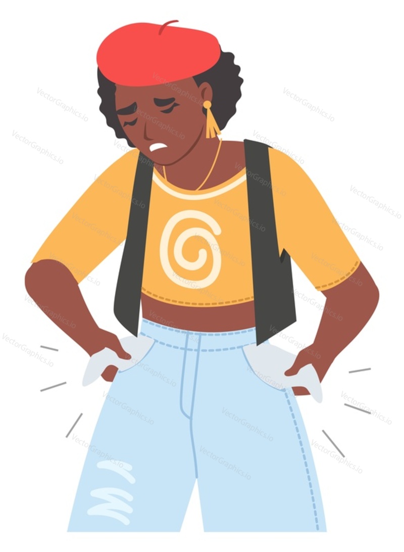 Stressed woman showing empty pocket vector illustration. Casual confused young female character feeling unhappy and upset being bankrupt. Frustrated people isolated on white background