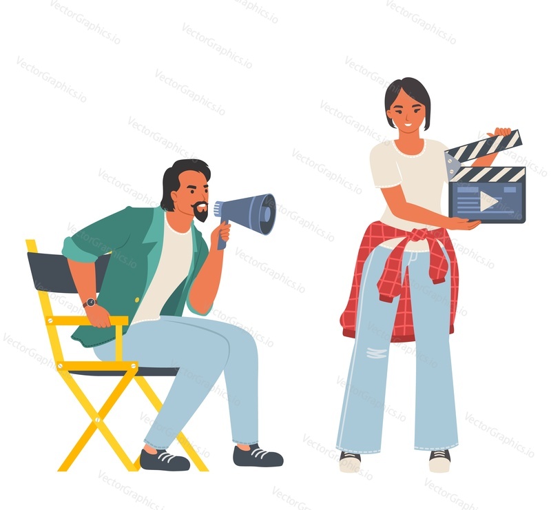 Filmový režisér a asistent zabývající se produkcí kinematografie vektorové ilustrace. Mužský producent křičí v Megafonu, žena helpmate drží tleskací desku