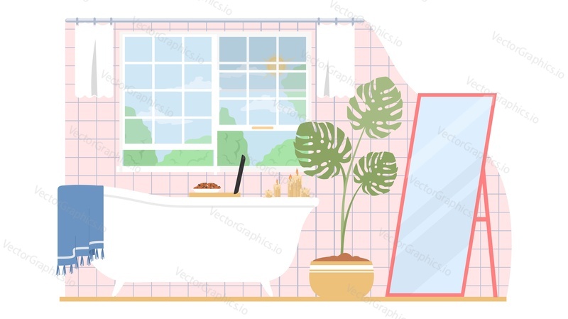 Home bathroom design interior. Bathtub filled warm water with soap bubbles and computer laptop on tray prepared for watching relax video or working vector illustration scene
