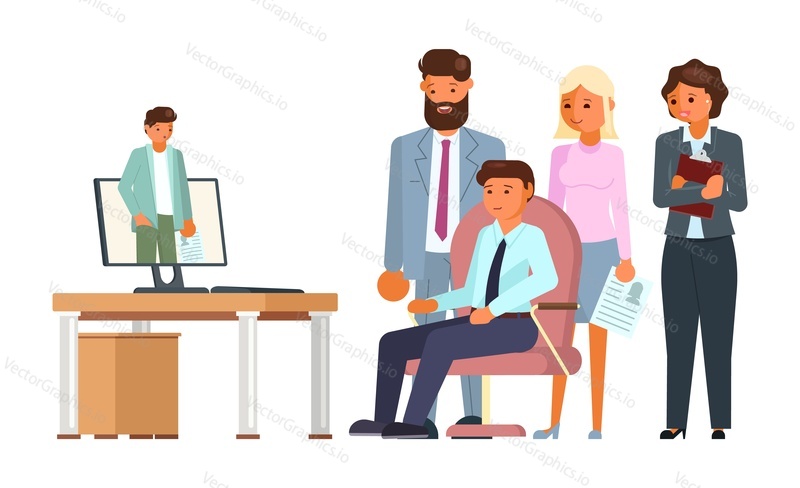Концепция онлайн-собеседования при приеме на работу. Мужчина-кандидат на рабочее место, совершающий видеозвонок с менеджером по персоналу через компьютер в окружении коллег или последнего босса, векторная иллюстрация руководителей