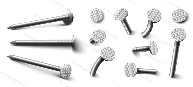 Nails screw-bolt isolated isometric vector illustration set. Engineering fastening tool different form, shape and position isolated on white background