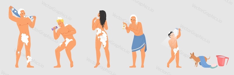 Set of different people character and pet taking shower. Vector illustration of elderly, young adult man and woman, children, dog bathing standing with soap bubbles covered body