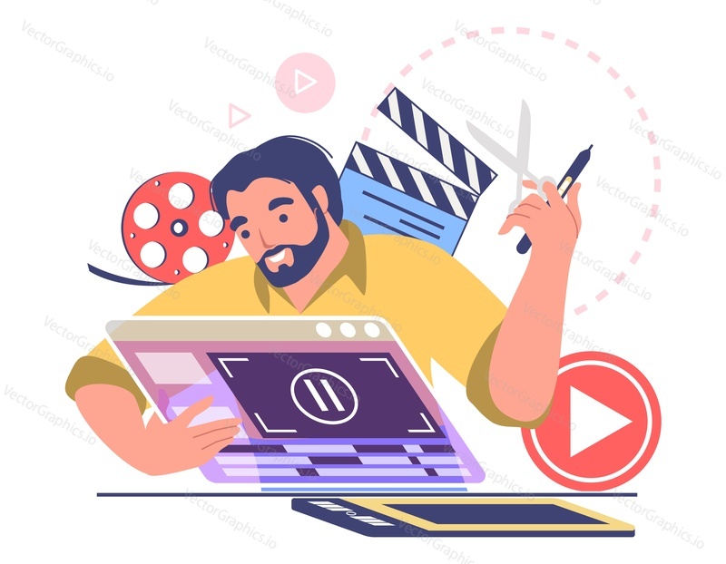 Креативный мужчина-моушн-дизайнер, работающий над векторной иллюстрацией видеоконтента. Персонаж мужского пола-художник или рассказчик - модная профессия производственной платформы анимационной студии