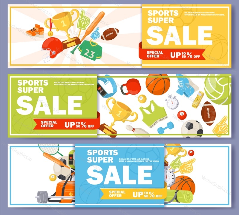 Sports sale website header banner template set. Flat cartoon sportive wear trendy outfit, training accessories and gears, awards and fans supplies vector illustration. Discount promotion material