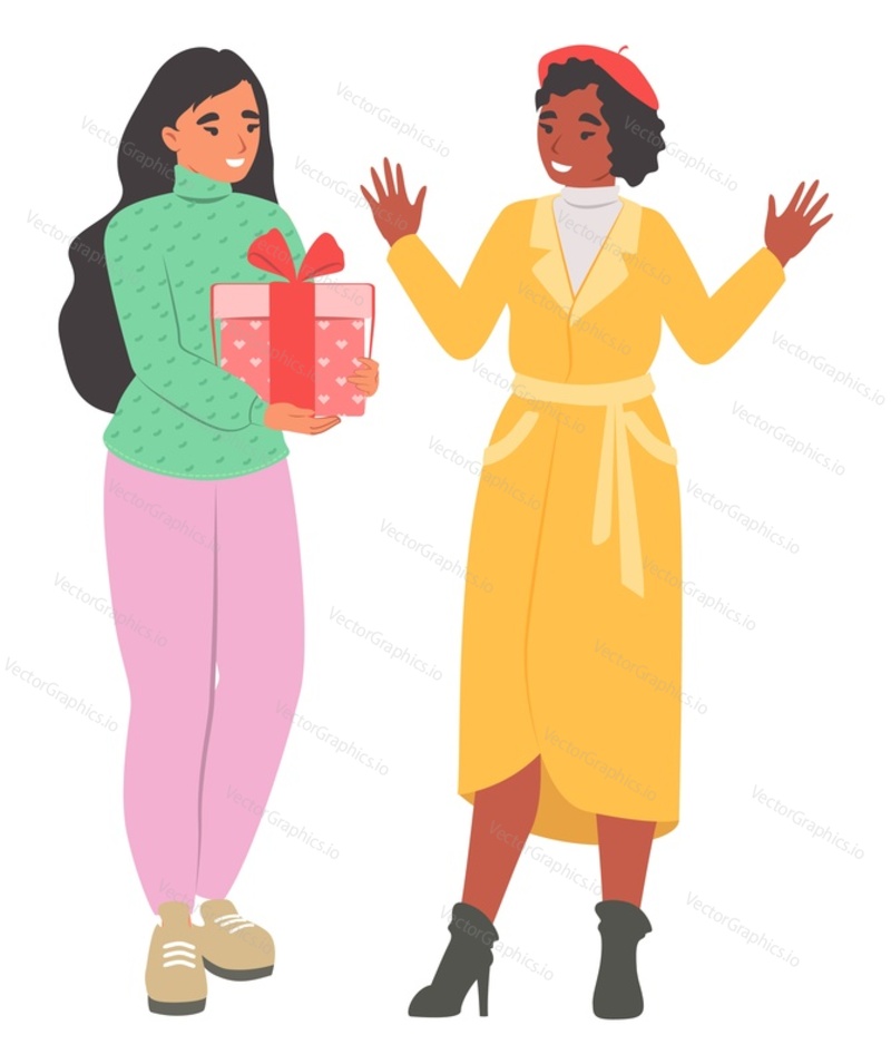 Happy girl friend giving gift box vector illustration. Cheerful fun people characters isolated on white background. Friendship, surprise and present for holiday or birthday party celebration concept