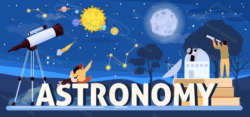 Astronomy banner advertising observatory or planetarium for cosmology studying, solar system stars constellation observation. Vector illustration with people using telescope spyglass