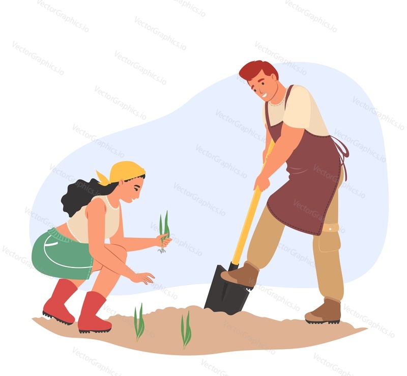 Šťastná rodina pár výsadba strom nebo květina sazenice v půdě vektorové ilustrace. Dobrovolnictví, péče o životní prostředí, zelená planeta nebo zahradní koncept
