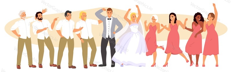 Wedding party vector illustration. Happy just married bride and groom dancing with witnesses characters