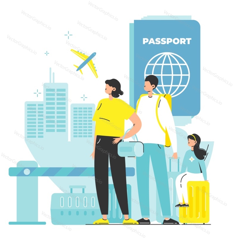 Family with child immigration scene vector illustration. Refugees, forced displacement or safety on board travel concept. Father, mother and kid with suitcase over city background
