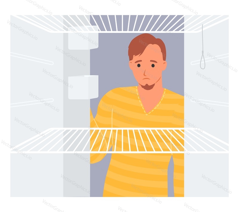 Smutný hladový muž při pohledu uvnitř otevřené prázdné ledničky ploché kreslené vektorové ilustrace. Chlap hledá svačinu pocit překvapení o absenci jídla