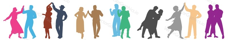 Couple dancing silhouette isolated set on white background. Colorful pair of elegant people moving to music vector illustration. Man and woman dancers