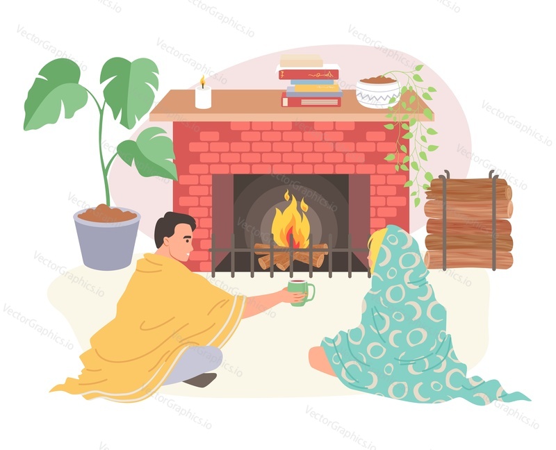 Couple wrapped in blanket sitting on home floor front of fireplace drinking hot beverage in living room vector illustration. Cold winter season, keep warm concept