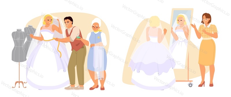 Svatební krejčí šicí šaty pro nevěstu izolované scény set. Šťastná krásná žena v svatební cloghing na atelier salon vektorové ilustrace