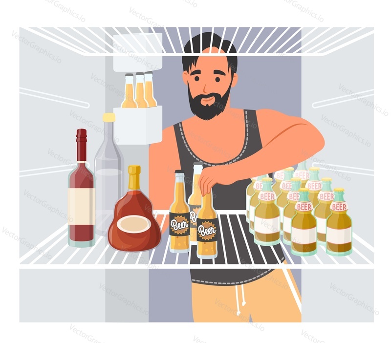 Man taking beer from opened refrigerator flat cartoon vector illustration. Hipster guy looking inside fridge full of alcoholic drink. Alcohol addiction