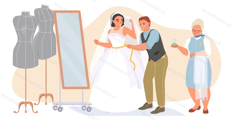 Krejčí mistr měření a montáž hezké nevěsty pro krásné svatební šaty vektorové ilustrace. Profesionální Atelier studio interiér pozadí