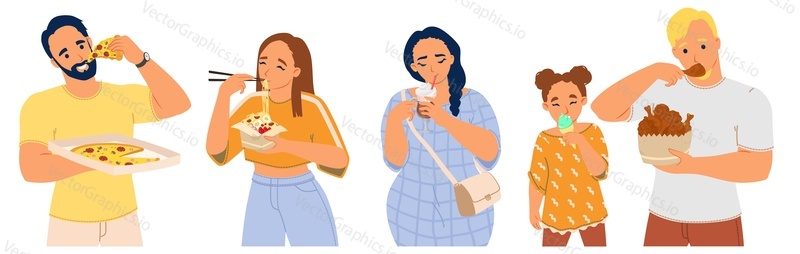 Set of diverse people and children eating unhealthy junk fast food vector illustration isolated on white background. Man, woman and kid with bad habits and nutritious addiction